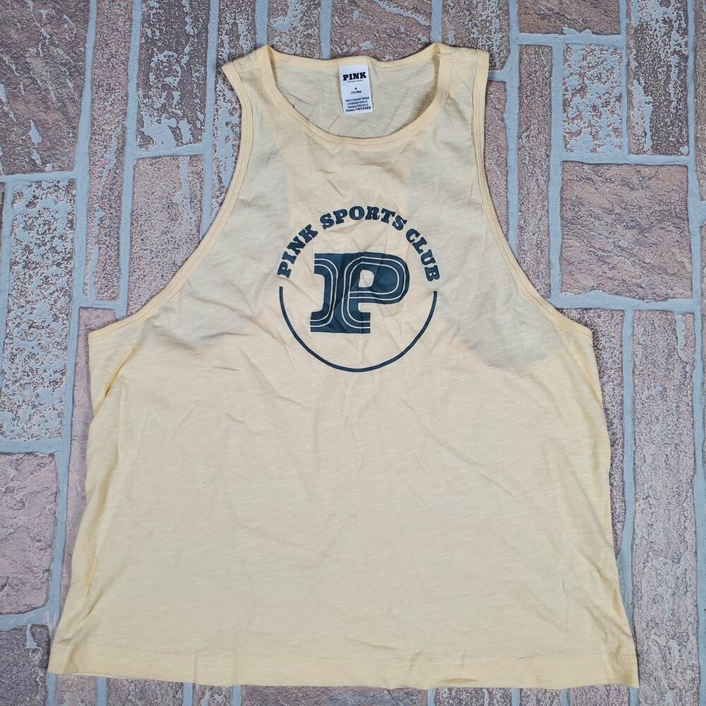 Victoria's Secret PINK Sports Club Tank Top Yellow Graphic Racerback Tee Medium